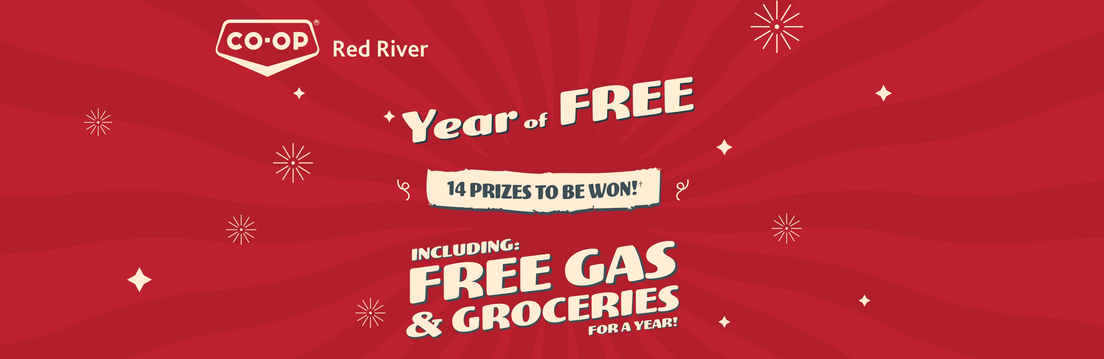 Red River CO-OP - Year of Free. 14 Prizes to be won! Including: Free groceries for a year.